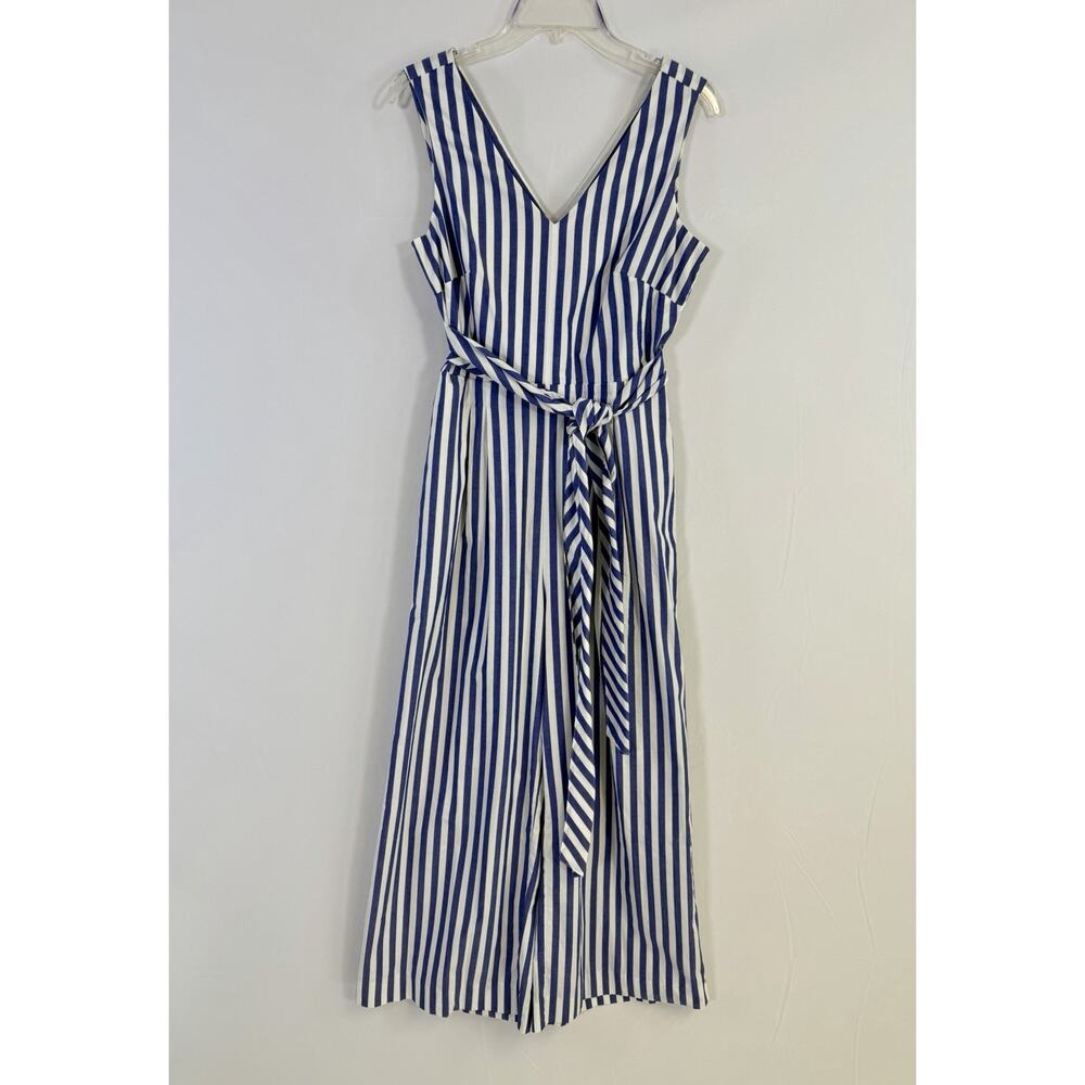 J. Crew Sleeveless Wrap Tie Waist Wide Leg Jumpsuit Blue White Striped Sz‎ 4 EUC
